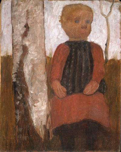 Kind im roten Kleid am Birkenstamm von Paula Modersohn Becker